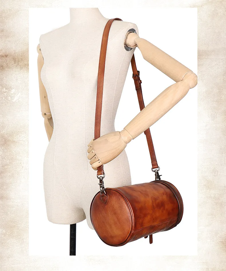 Womens Leather Barrel Shoulder Bag Purse Vintage Round Handbag Bucket Crossbody Purse for Women