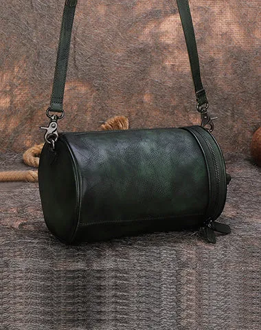Womens Leather Barrel Shoulder Bag Purse Vintage Round Handbag Bucket Crossbody Purse for Women