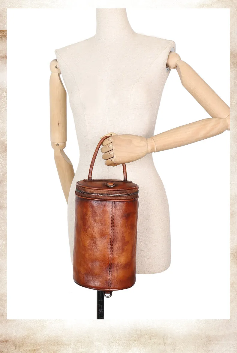 Womens Leather Barrel Shoulder Bag Purse Vintage Round Handbag Bucket Crossbody Purse for Women