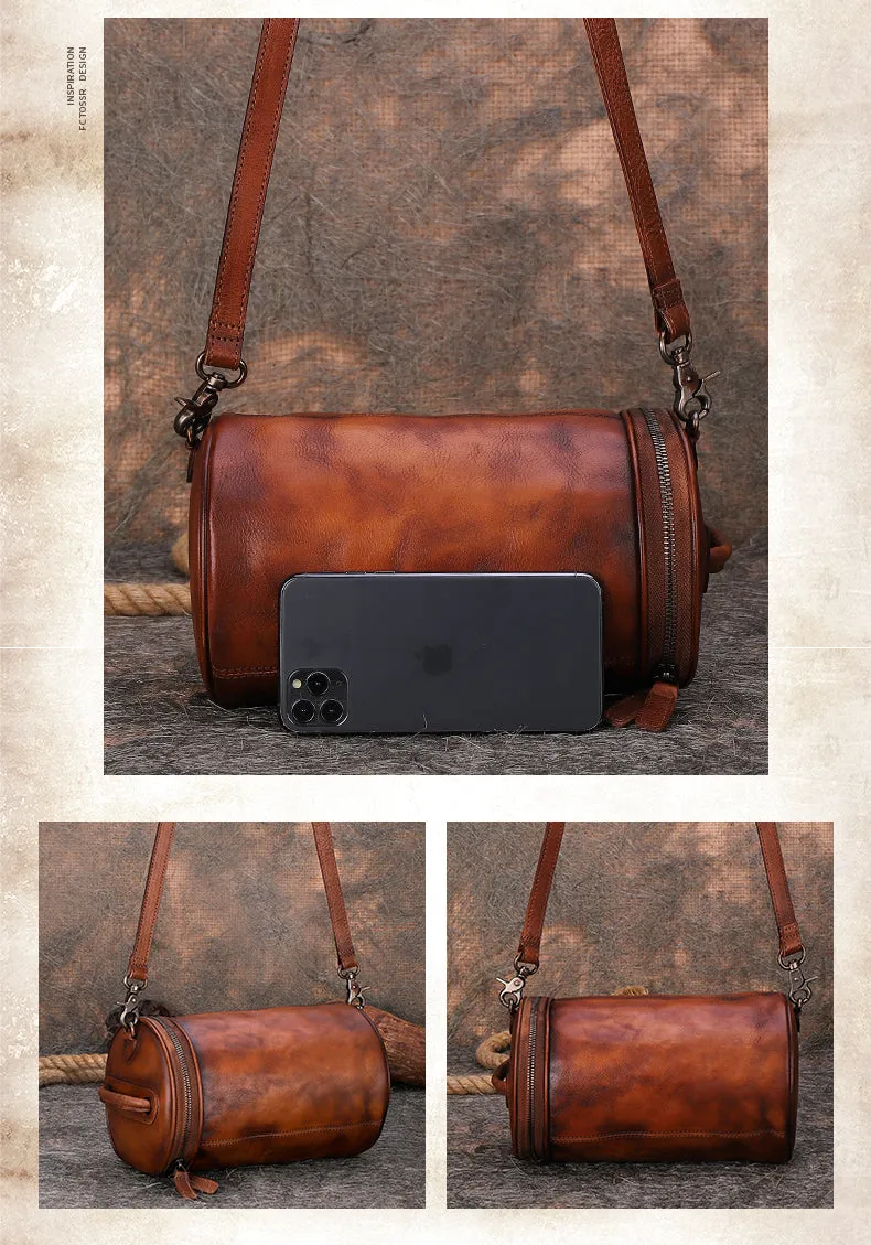 Womens Leather Barrel Shoulder Bag Purse Vintage Round Handbag Bucket Crossbody Purse for Women