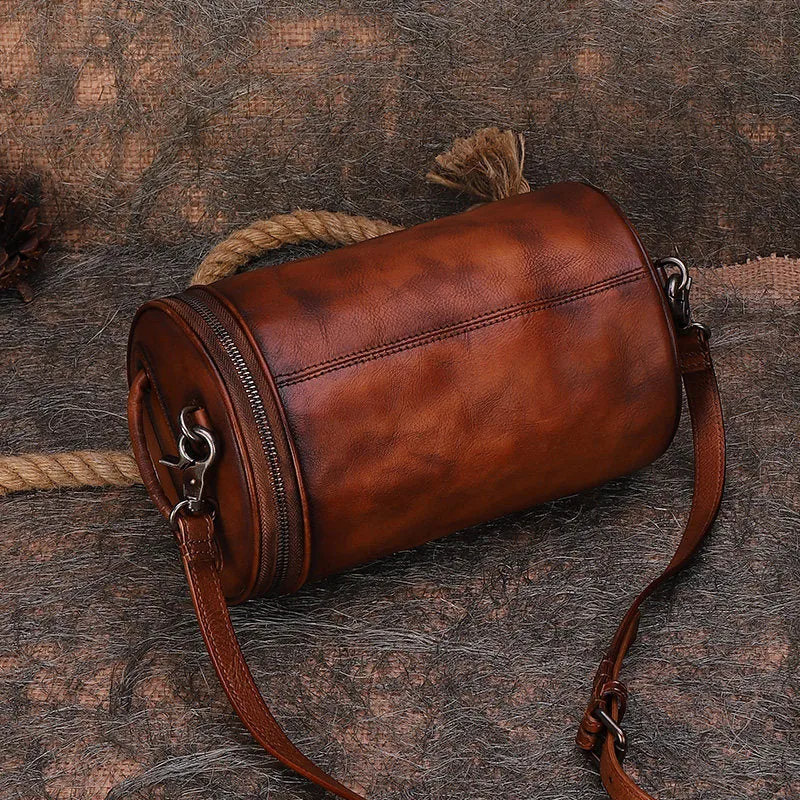 Womens Leather Barrel Shoulder Bag Purse Vintage Round Handbag Bucket Crossbody Purse for Women