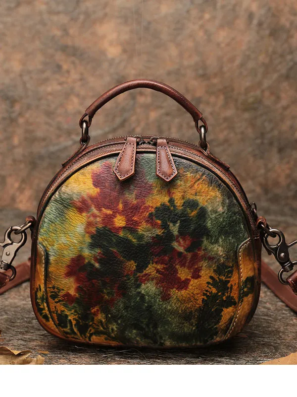 Womens Mix Green Leather Round Handbag Purses Vintage Handmade Round Shoulder Bag Crossbody Handbag for Women
