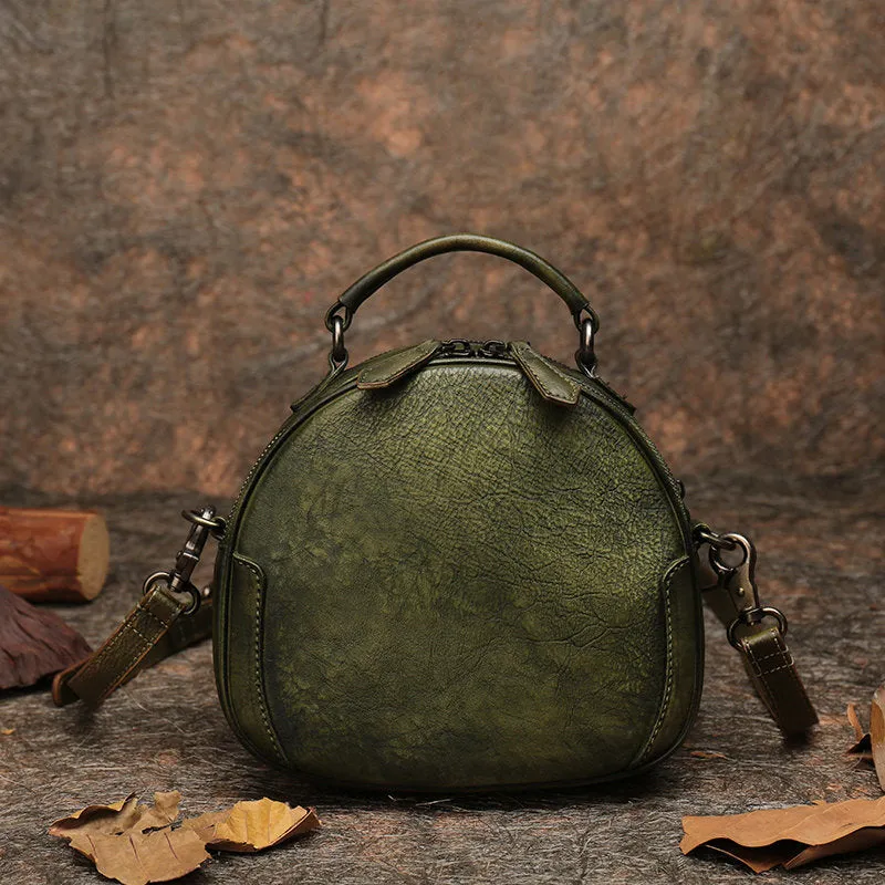 Womens Mix Green Leather Round Handbag Purses Vintage Handmade Round Shoulder Bag Crossbody Handbag for Women