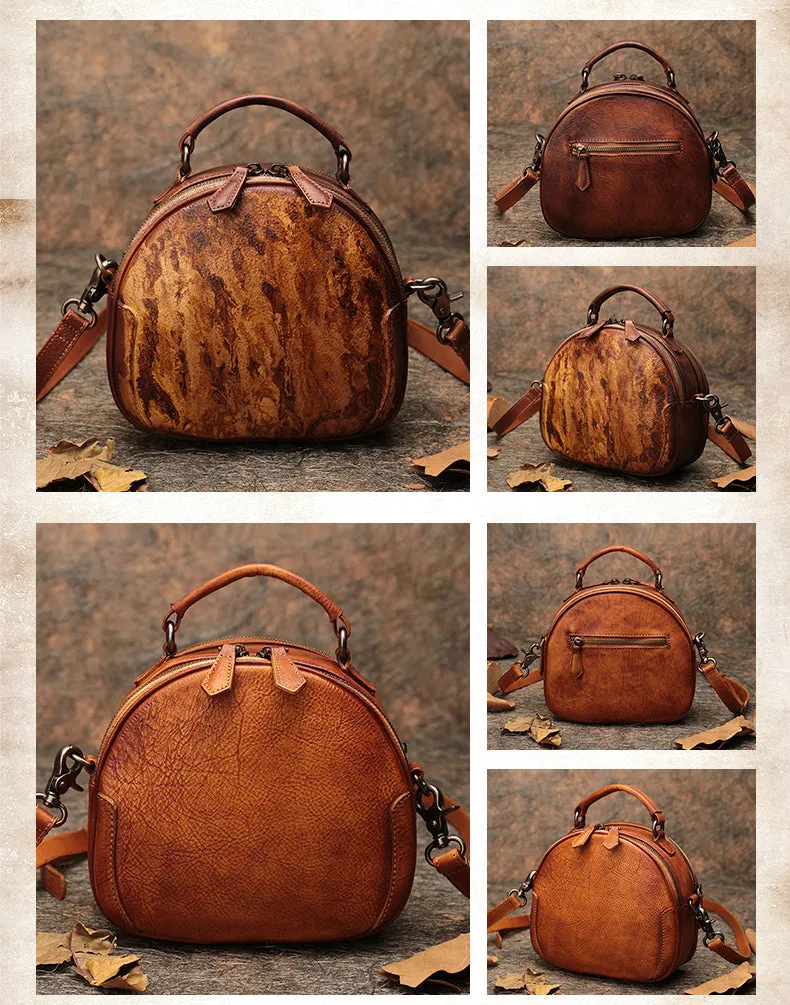 Womens Mix Green Leather Round Handbag Purses Vintage Handmade Round Shoulder Bag Crossbody Handbag for Women
