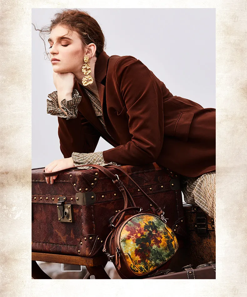 Womens Mix Green Leather Round Handbag Purses Vintage Handmade Round Shoulder Bag Crossbody Handbag for Women