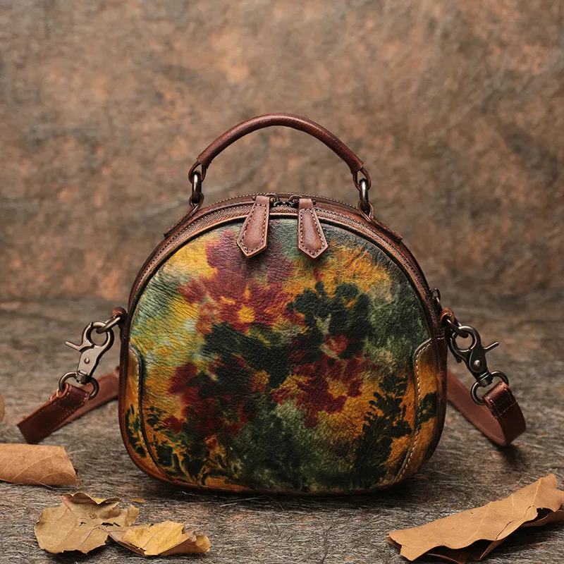 Womens Mix Green Leather Round Handbag Purses Vintage Handmade Round Shoulder Bag Crossbody Handbag for Women