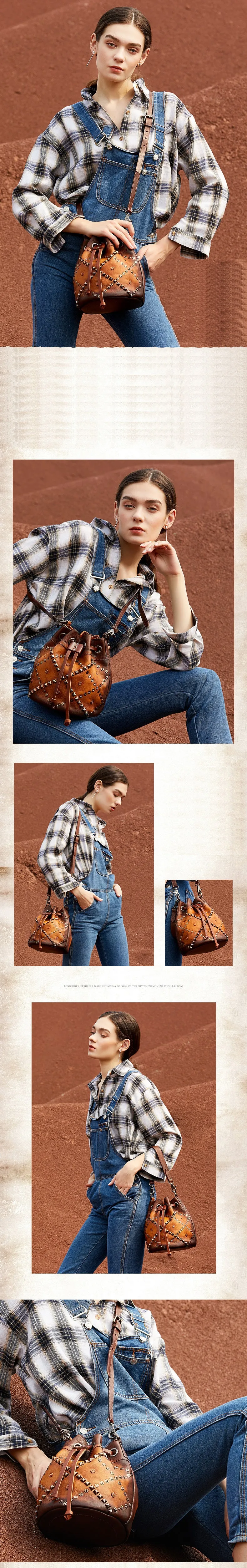 Womens Purple Leather Barrel Handbag Purse Vintage Rivet Round Shoulder Bag Bucket Crossbody Handbag for Women