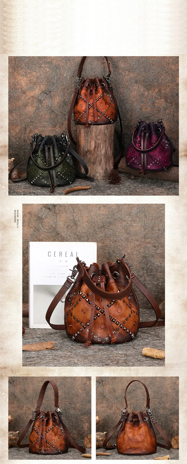 Womens Purple Leather Barrel Handbag Purse Vintage Rivet Round Shoulder Bag Bucket Crossbody Handbag for Women