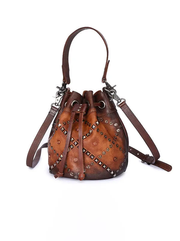 Womens Purple Leather Barrel Handbag Purse Vintage Rivet Round Shoulder Bag Bucket Crossbody Handbag for Women