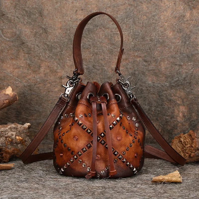 Womens Purple Leather Barrel Handbag Purse Vintage Rivet Round Shoulder Bag Bucket Crossbody Handbag for Women