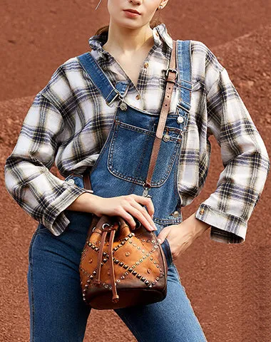 Womens Purple Leather Barrel Handbag Purse Vintage Rivet Round Shoulder Bag Bucket Crossbody Handbag for Women