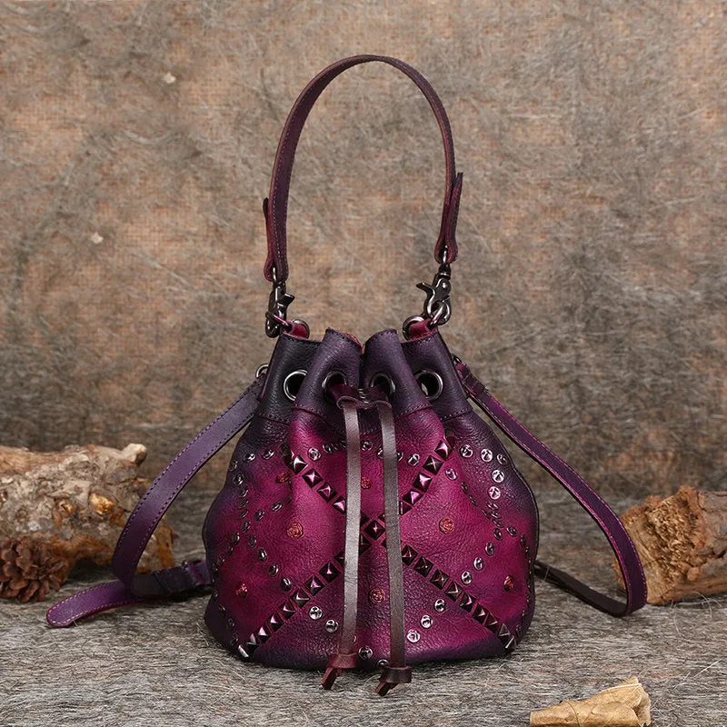 Womens Purple Leather Barrel Handbag Purse Vintage Rivet Round Shoulder Bag Bucket Crossbody Handbag for Women