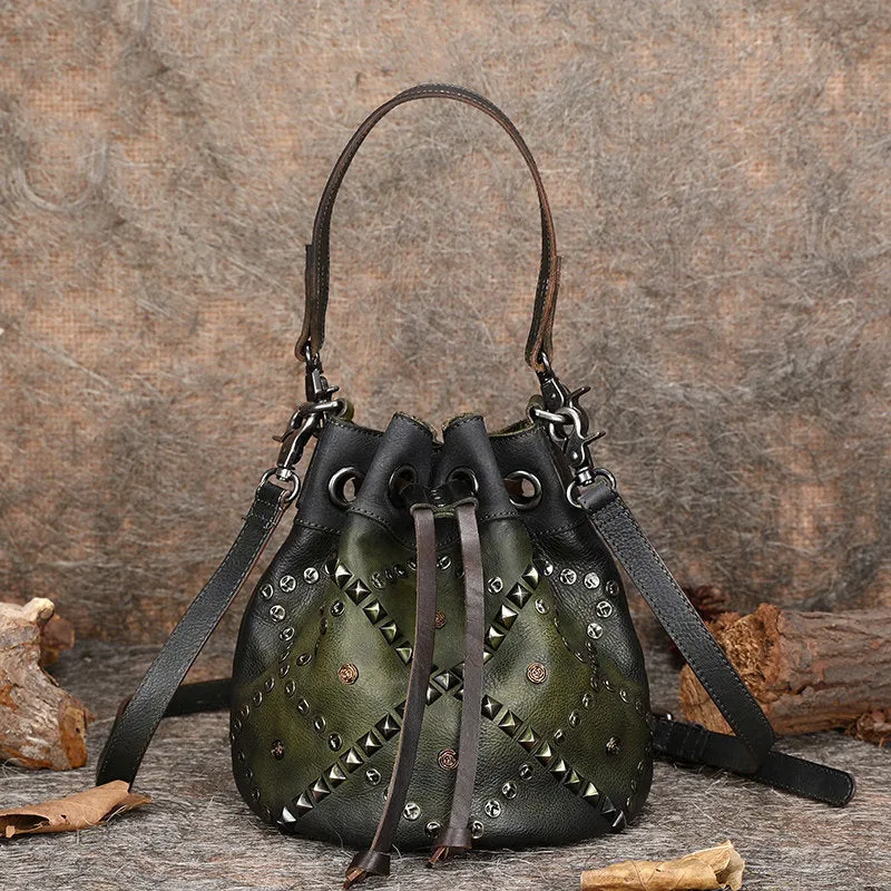 Womens Purple Leather Barrel Handbag Purse Vintage Rivet Round Shoulder Bag Bucket Crossbody Handbag for Women