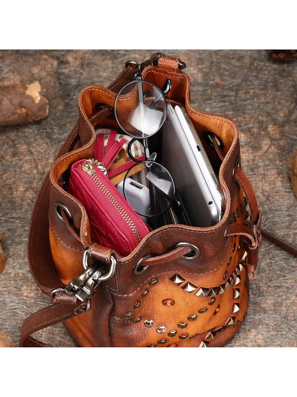 Womens Purple Leather Barrel Handbag Purse Vintage Rivet Round Shoulder Bag Bucket Crossbody Handbag for Women