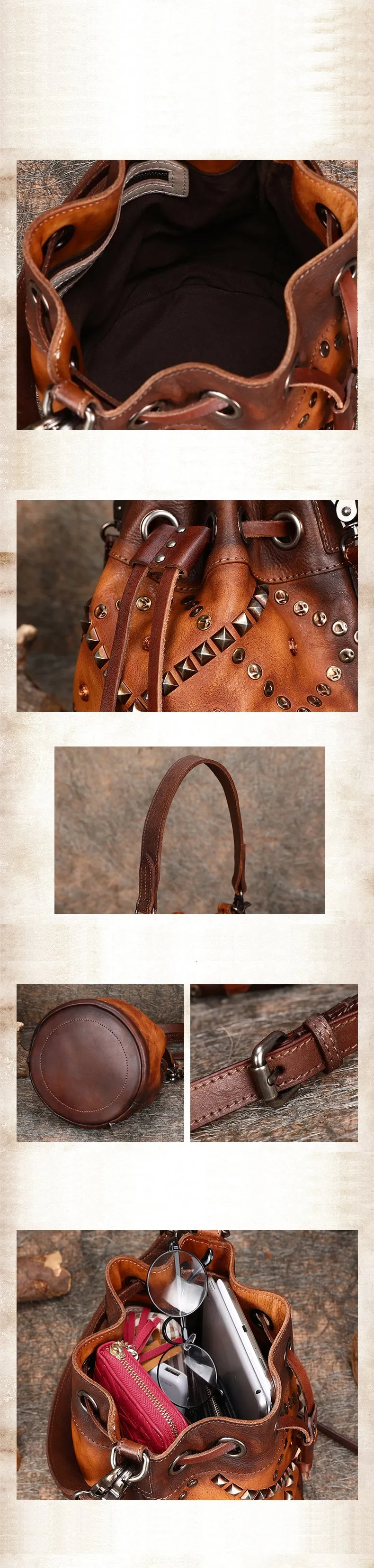 Womens Purple Leather Barrel Handbag Purse Vintage Rivet Round Shoulder Bag Bucket Crossbody Handbag for Women