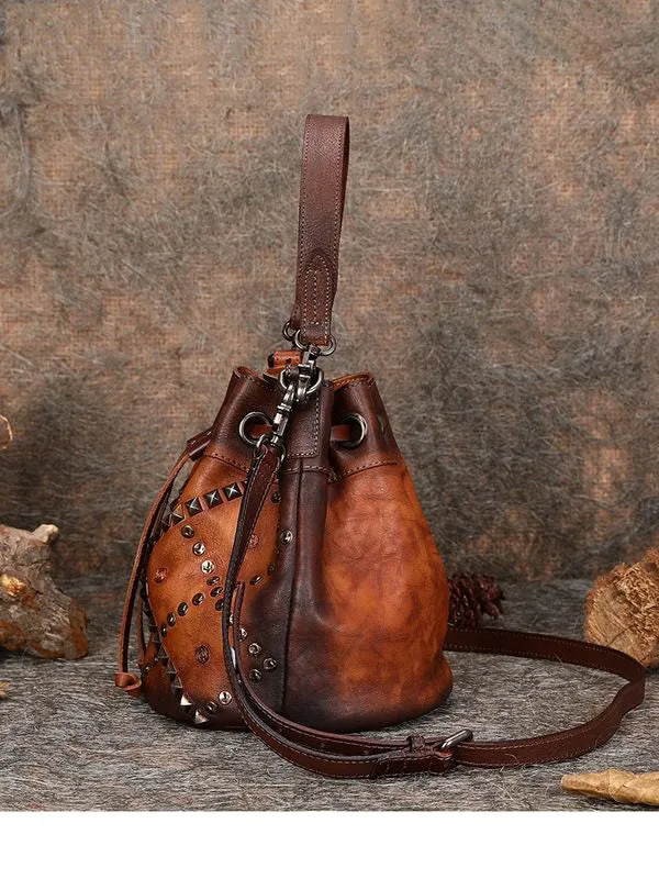 Womens Purple Leather Barrel Handbag Purse Vintage Rivet Round Shoulder Bag Bucket Crossbody Handbag for Women