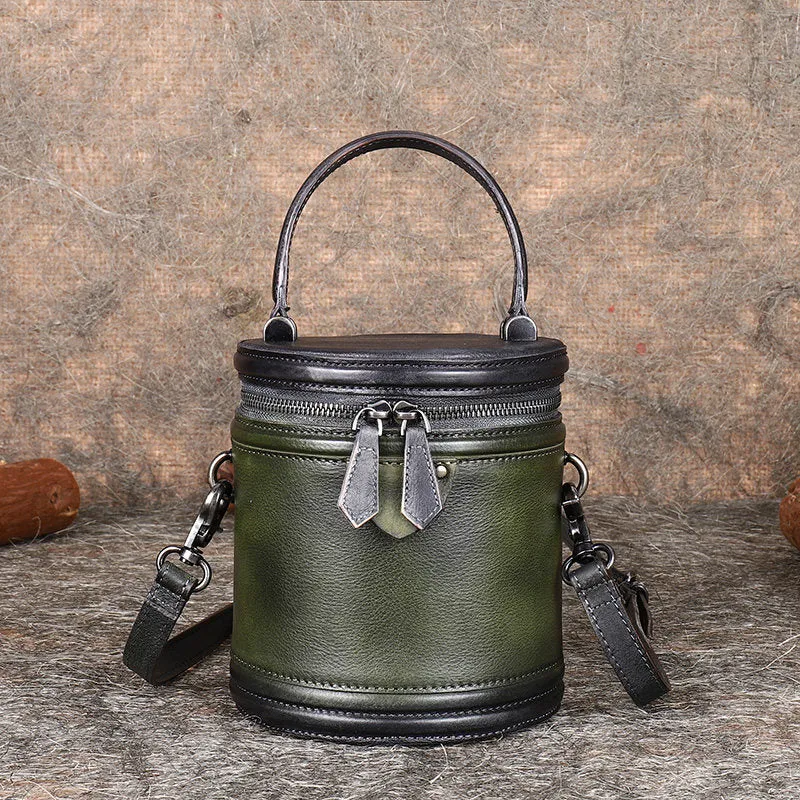 Womens Red Leather Barrel Handbag Purses Vintage Handmade Round Shoulder Bag Bucket Crossbody Handbag for Women