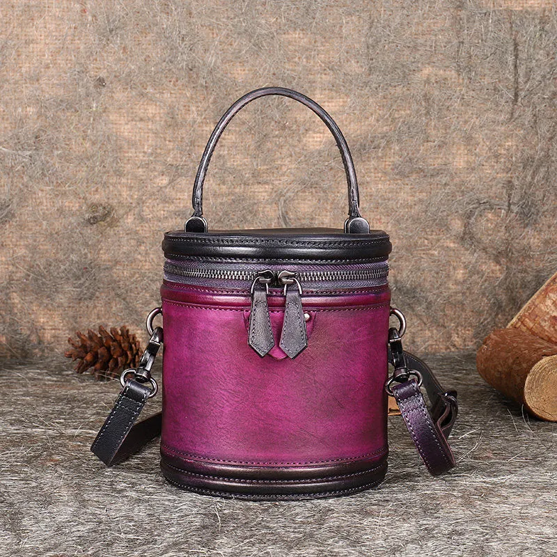 Womens Red Leather Barrel Handbag Purses Vintage Handmade Round Shoulder Bag Bucket Crossbody Handbag for Women