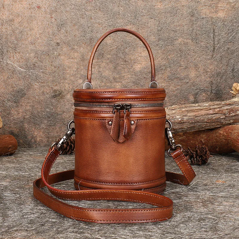 Womens Red Leather Barrel Handbag Purses Vintage Handmade Round Shoulder Bag Bucket Crossbody Handbag for Women