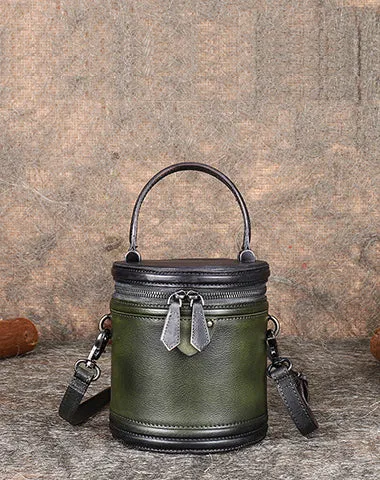 Womens Red Leather Barrel Handbag Purses Vintage Handmade Round Shoulder Bag Bucket Crossbody Handbag for Women