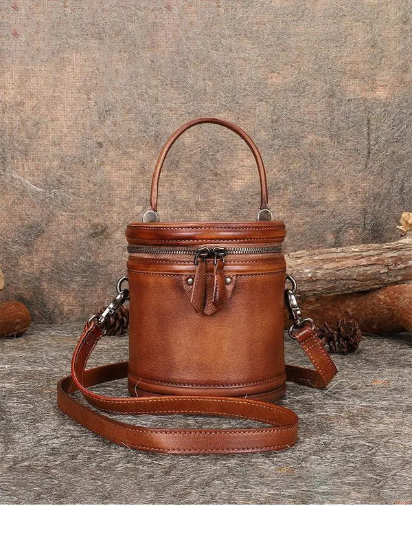 Womens Red Leather Barrel Handbag Purses Vintage Handmade Round Shoulder Bag Bucket Crossbody Handbag for Women