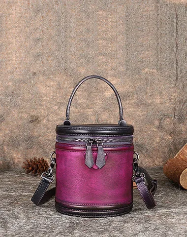 Womens Red Leather Barrel Handbag Purses Vintage Handmade Round Shoulder Bag Bucket Crossbody Handbag for Women