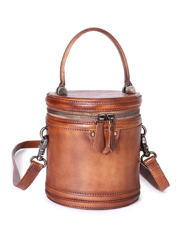 Womens Red Leather Barrel Handbag Purses Vintage Handmade Round Shoulder Bag Bucket Crossbody Handbag for Women