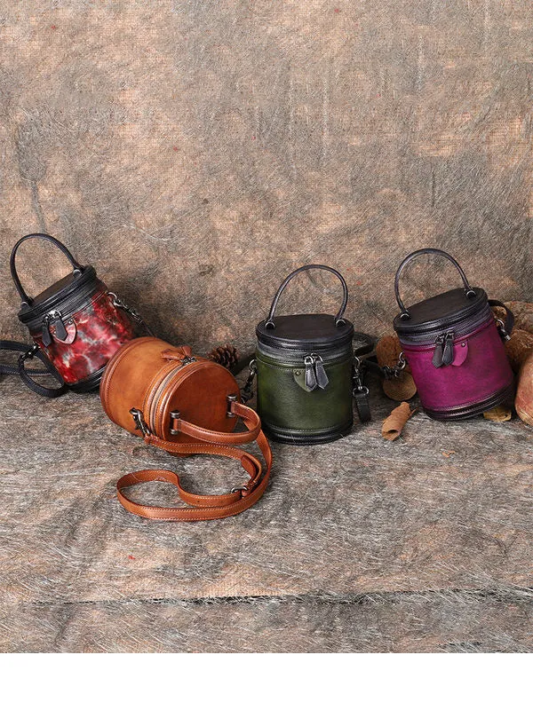 Womens Red Leather Barrel Handbag Purses Vintage Handmade Round Shoulder Bag Bucket Crossbody Handbag for Women
