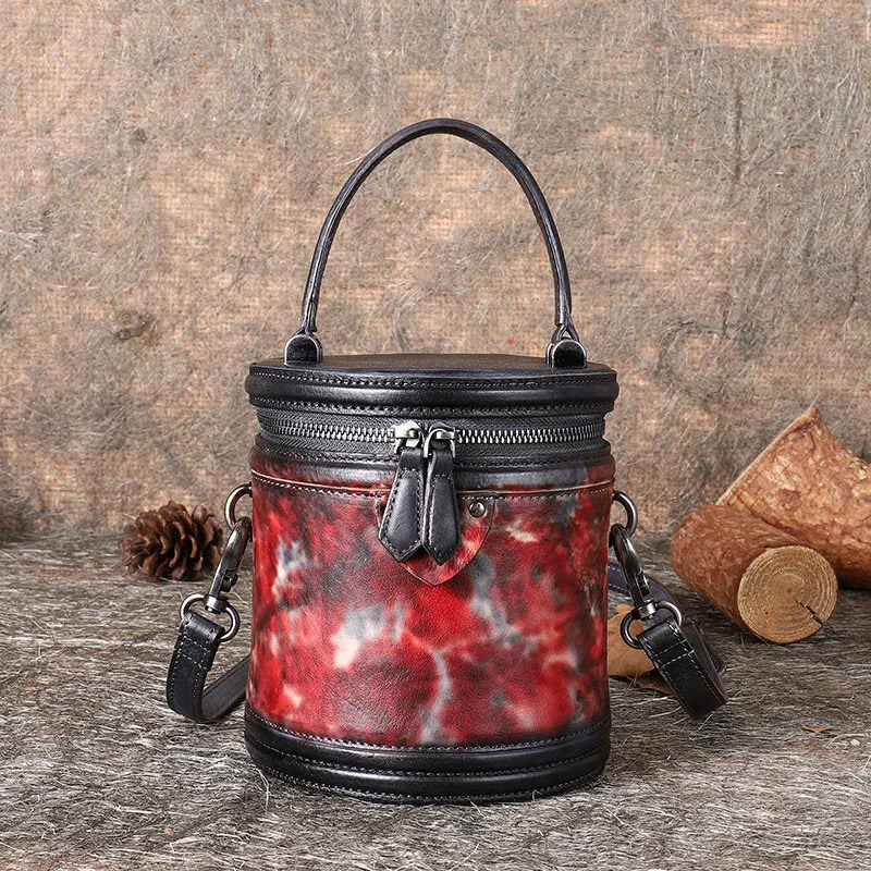 Womens Red Leather Barrel Handbag Purses Vintage Handmade Round Shoulder Bag Bucket Crossbody Handbag for Women