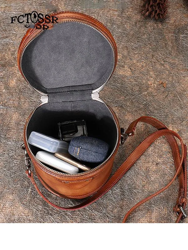 Womens Red Leather Barrel Handbag Purses Vintage Handmade Round Shoulder Bag Bucket Crossbody Handbag for Women
