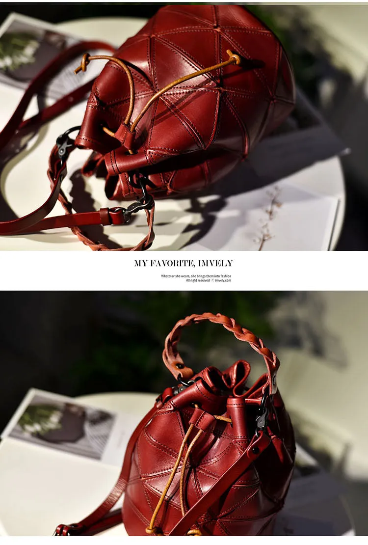 Womens Red Leather Bucket Shoulder Bag Purse Vintage Split Joint Barrel Round Handbag Crossbody Purse for Women