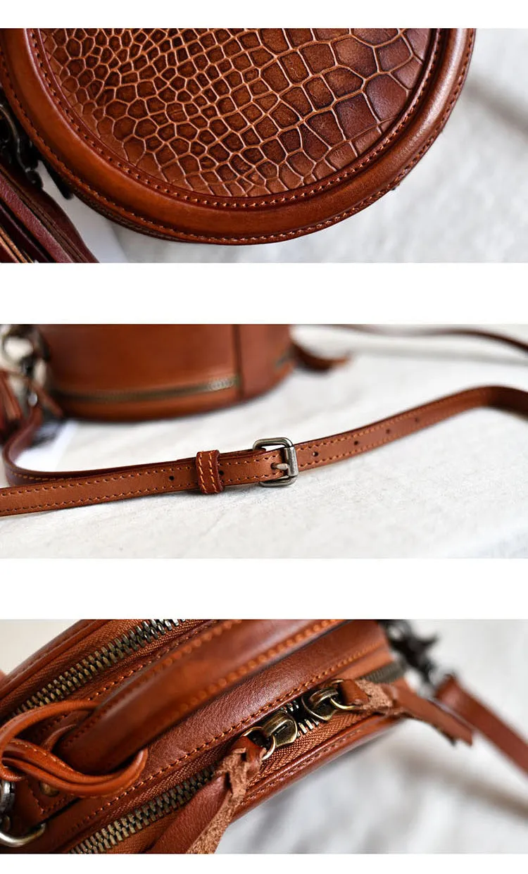 Womens Red Leather Round Crossbody Bag Crocodile Pattern Vintage Round Handbag Shoulder Bag for Women