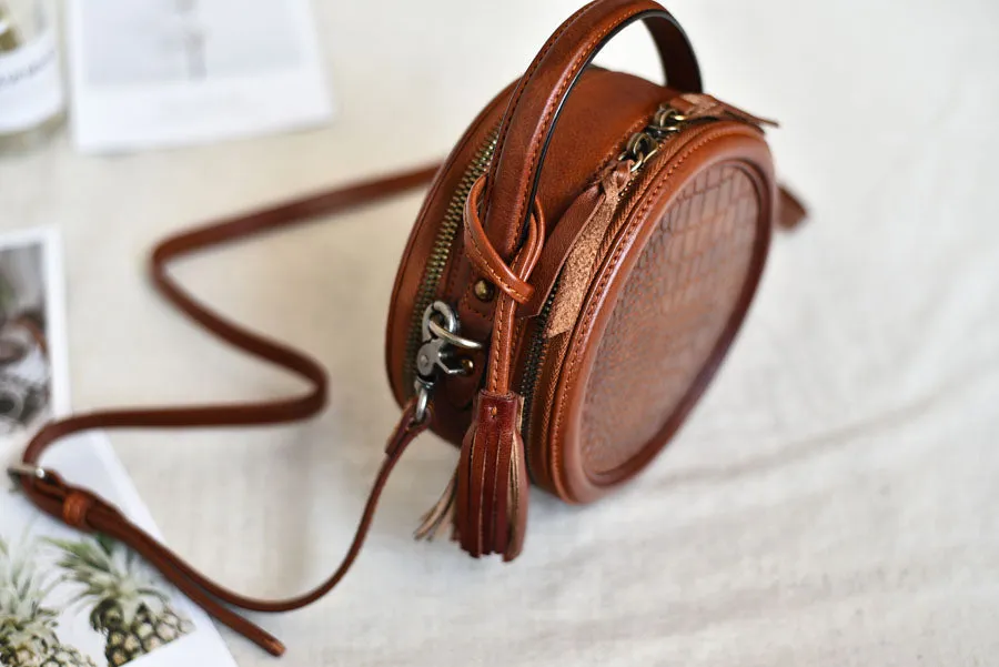 Womens Red Leather Round Crossbody Bag Crocodile Pattern Vintage Round Handbag Shoulder Bag for Women