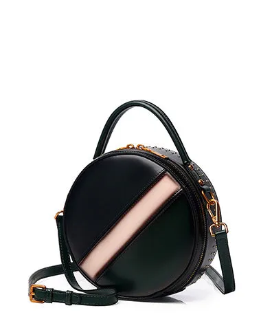 Womens Red Leather Round Handbag CONTRAST COLOR Crossbody Purse Red Round Shoulder Bag for Women