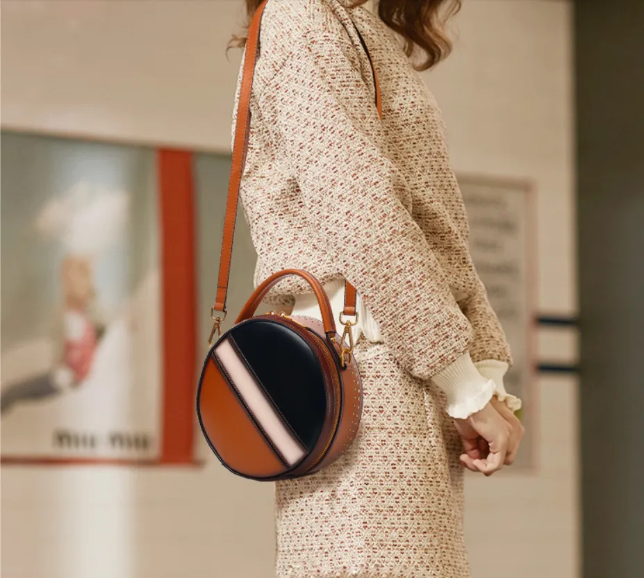Womens Red Leather Round Handbag CONTRAST COLOR Crossbody Purse Red Round Shoulder Bag for Women