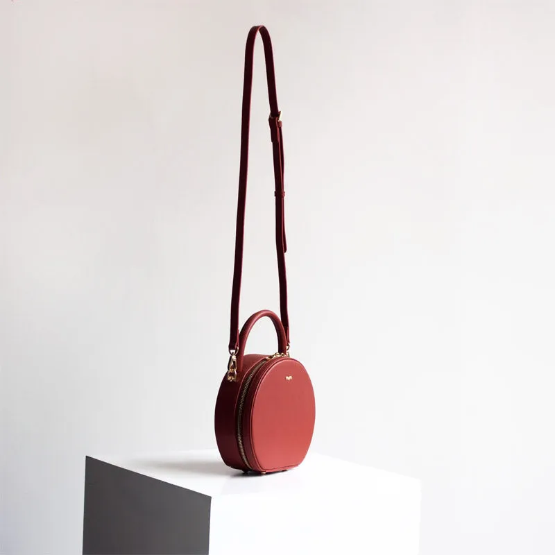 Womens Red Leather Round Handbag Crossbody Bag Round Small Shoulder Bag for Women