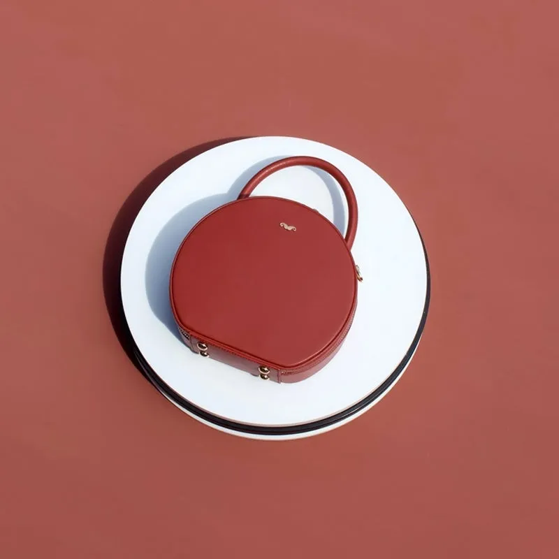 Womens Red Leather Round Handbag Crossbody Bag Round Small Shoulder Bag for Women
