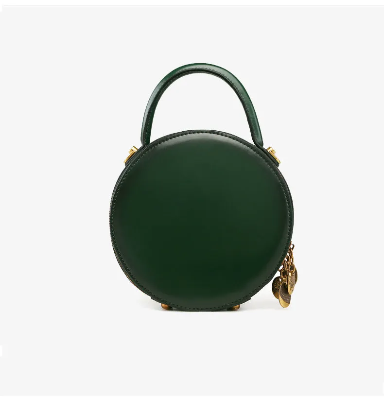 Womens Red Leather Round Handbag Small Crossbody Purse Round Shoulder Bag for Women