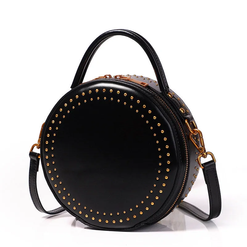 Womens Red Leather Round Handbag with Rivet Crossbody Purse Red Round Shoulder Bag for Women