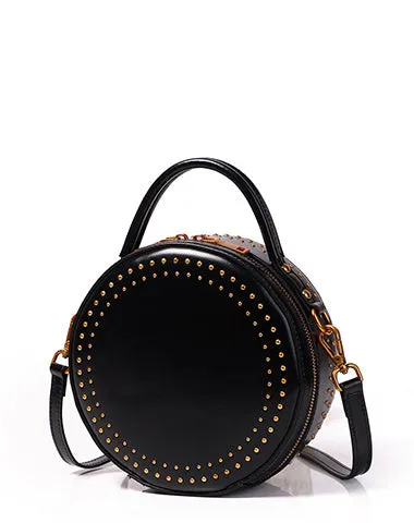 Womens Red Leather Round Handbag with Rivet Crossbody Purse Red Round Shoulder Bag for Women