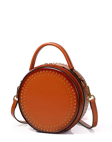 Womens Red Leather Round Handbag with Rivet Crossbody Purse Red Round Shoulder Bag for Women