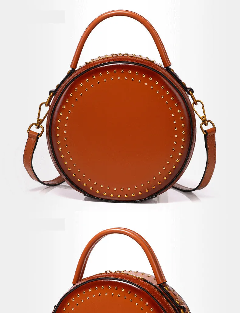 Womens Red Leather Round Handbag with Rivet Crossbody Purse Red Round Shoulder Bag for Women