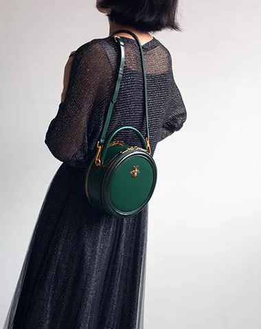 Womens Red Leather Small Round Handbag Crossbody Purse Round Shoulder Bag for Women