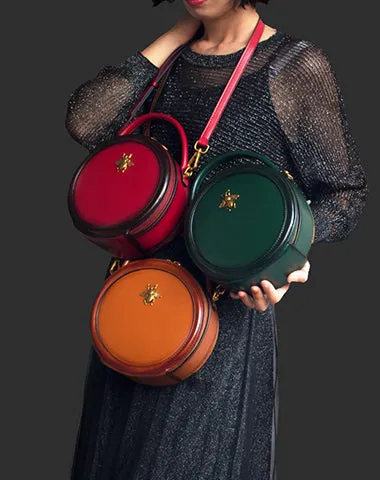 Womens Red Leather Small Round Handbag Crossbody Purse Round Shoulder Bag for Women