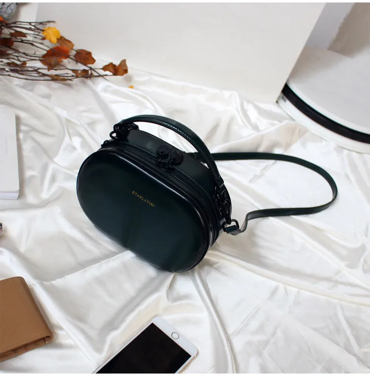Womens Red Leather Small Round Handbag Purse Round Crossbody Bag Shoulder Bag for Women