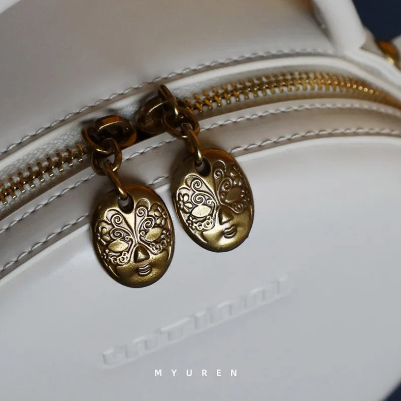 Womens White Leather Round Handbag Small Chain Crossbody Purse Round Shoulder Bag for Women