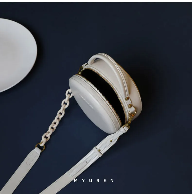 Womens White Leather Round Handbag Small Chain Crossbody Purse Round Shoulder Bag for Women