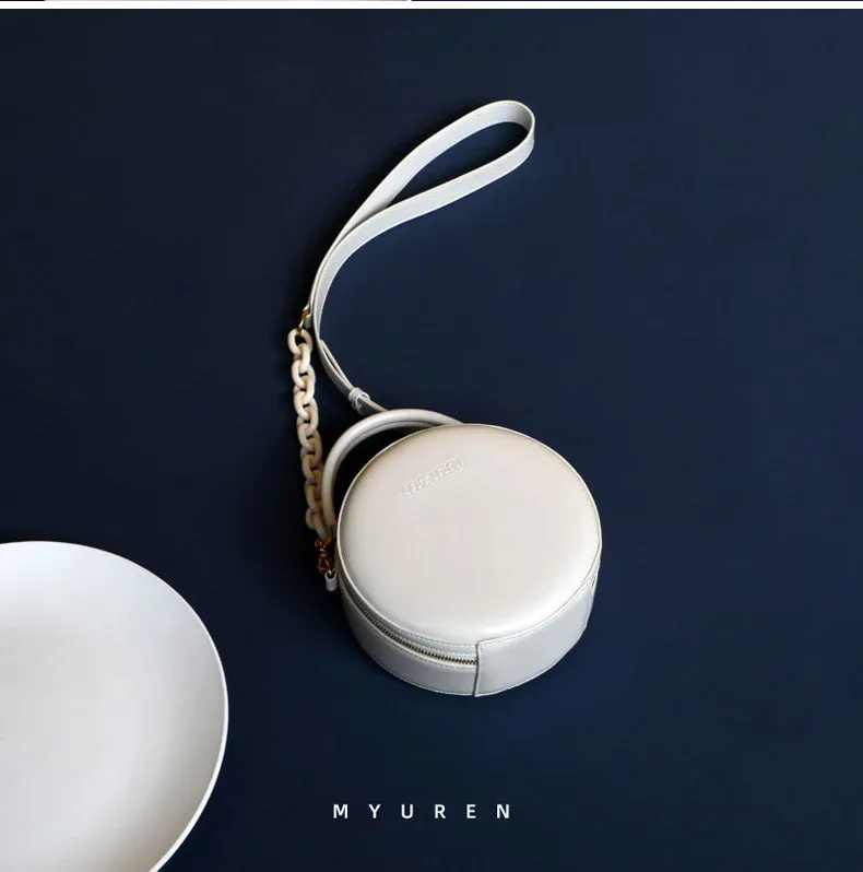 Womens White Leather Round Handbag Small Chain Crossbody Purse Round Shoulder Bag for Women