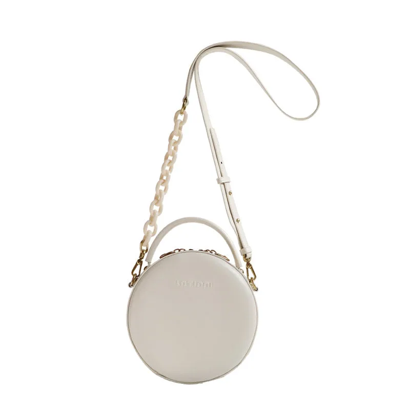 Womens White Leather Round Handbag Small Chain Crossbody Purse Round Shoulder Bag for Women