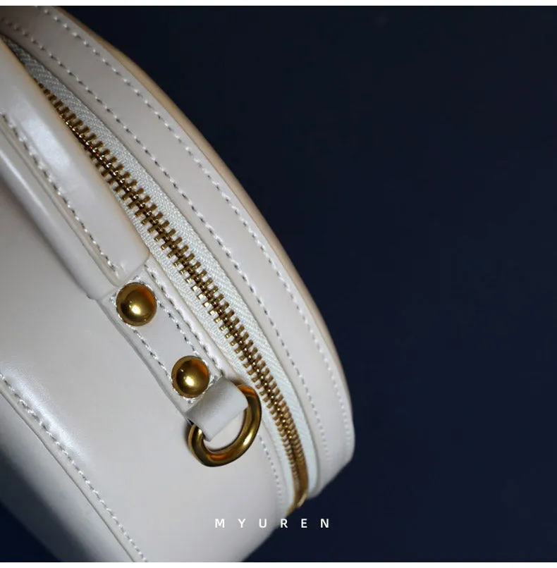 Womens White Leather Round Handbag Small Chain Crossbody Purse Round Shoulder Bag for Women